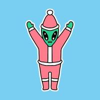 Alien heureux avec costume de père Noël, illustration de dessin animé pour autocollants vecteur