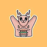 cerf heureux avec dessin animé burger, illustration pour autocollants et t-shirt. vecteur