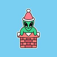 petit extraterrestre portant un bonnet de noel dans la cheminée, pour des autocollants vecteur