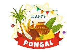 content pongal vecteur illustration de traditionnel Tamil nadu Inde Festival fête avec canne à sucre et assiette de religieux accessoires dans plat Contexte