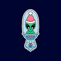 Adorable extraterrestre en bonnet de noel monter dans le vaisseau spatial et prendre un cadeau, pour l'autocollant vecteur