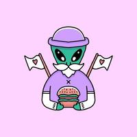 dessin animé extraterrestre barbu mignon tenant un hamburger, illustration pour autocollants. vecteur