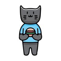 mignon chat noir tenant un hamburger, illustration pour autocollants et t-shirt. vecteur