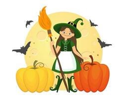mignonne peu sorcière avec balai, lune, citrouilles et chauves-souris. Halloween illustration dans dessin animé style, vecteur
