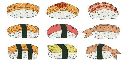 ensemble de clipart de sushi dessinés à la main. plats de cuisine traditionnelle japonaise. nourriture asiatique vecteur