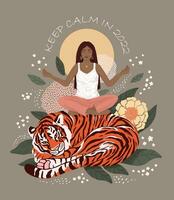 le fille les pratiques yoga, séance sur une tigre, lequel mensonges recourbé en haut. contre une Contexte de feuilles et fleurs. vecteur moderne plat illustration.