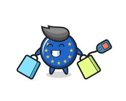 Caricature de mascotte d'insigne de drapeau de l'europe tenant un sac à provisions vecteur