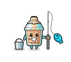 personnage mascotte de bubble tea en tant que pêcheur vecteur