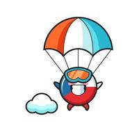 Le dessin animé de mascotte d'insigne de drapeau tchèque saute en parachute avec un geste heureux vecteur