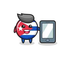 illustration d'insigne de drapeau de cuba dessin animé tenant un smartphone vecteur