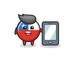 dessin animé d'illustration d'insigne de drapeau du chili tenant un smartphone vecteur