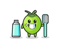 illustration mascotte de noix de coco avec une brosse à dents vecteur