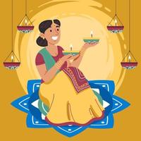 femme indienne apporter la lumière de diwali vecteur