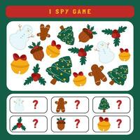 Noël je espion Jeu pour enfants. recherche et compte activité pour préscolaire les enfants avec mignonne Noël objets. marrant hiver imprimable feuille de travail pour enfants. Facile vacances repérage puzzle. vecteur