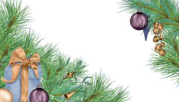 Cadre de pin branche avec Noël des balles et cloches numérique illustration isolé sur blanche. épicéa décoration, cadeau boîte main dessiné. élément pour Noël carte, Nouveau année la toile bannière, vacances paquet vecteur