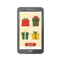 en ligne achats. téléphone écran avec cadeaux. vecteur