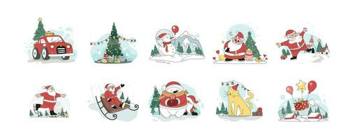 planche a neige sur une neigeux jour, nain ayant amusement avec bonhomme de neige, Père Noël claus est la glace patinage, bonhomme de neige et des ballons, ramasser un camion porter une Noël arbre vecteur