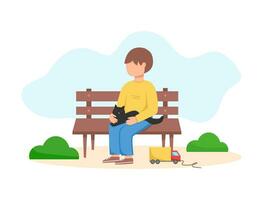 garçon séance sur le banch avec chat vecteur