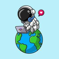 mignonne astronaute travail avec portable sur Terre dessin animé vecteur icône illustration. science La technologie icône concept isolé prime vecteur. plat dessin animé style