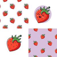 ensemble de mignonne kawaii fraise motifs. nourriture fruit plat icône. dessin animé fraise sans couture modèle. vecteur main tiré illustration. motifs pour des gamins vêtements. fraise motifs collection