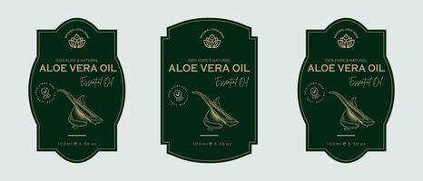 aloès Vera pétrole étiquette conception cosmétique des produits étiquette pour peau se soucier et beauté, à base de plantes ingrédients. Étiquettes avec croquis, paquet emblème. vert or prime vecteur illustration.