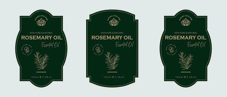 Romarin pétrole étiquette conception cosmétique des produits étiquette pour peau se soucier et beauté, à base de plantes ingrédients. Romarin Étiquettes avec croquis, et paquet emblème. vert or prime vecteur illustration.