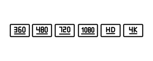 écran résolution icône ensemble. moniteur Taille symboles.360,480,720,1080, HD, 4k, écran et la télé qualité. vecteur illustration.. isolé sur blanc Contexte.