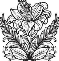 coloration page avec fleurs de lys et feuilles. vecteur page pour coloration. fleur coloration page. contour fleurs de lys . noir et blanc page pour coloration livre.