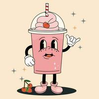 vecteur dessin animé illustration bande dessinée Milk-shake avec visage dans sensationnel rétro style avec boire. carré image de mignonne Lait secouer personnage avec sourire pour La publicité ou concept
