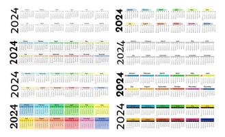 ensemble de huit horizontal calendriers pour 2024 isolé sur une blanc Contexte. dimanche à lundi, affaires modèle. vecteur illustration