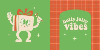 bichromie cartes avec rétro dessin animé marrant cadeau boîte Noël personnage et ancien sensationnel citation - houx gai vibrations. vecteur main tiré rouge et vert illustration.
