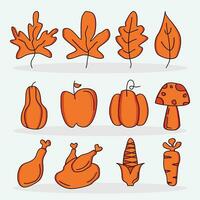 action de grâces icône ensemble, vecteur isolé sur gris Contexte. illustration conception de feuilles, poulet, citrouille, pomme, maïs, champignon, carotte.