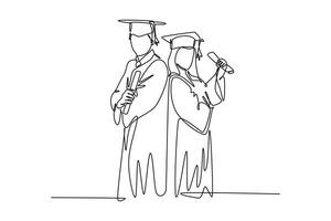 continu un ligne dessin Jeune content couple diplômé Université étudiant tenir papier, célébrer leur l'obtention du diplôme de université. éducation concept. Célibataire ligne dessiner conception vecteur graphique illustration