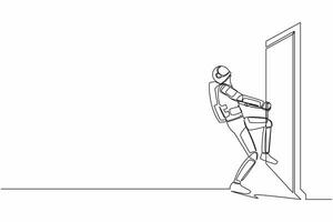 Célibataire un ligne dessin astronaute tirant fermé porte bouton avec pouvoir, métaphore à orienté vers problème. espace exploration lutte. cosmique galaxie espace. continu ligne graphique conception vecteur illustration