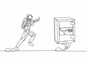 Célibataire un ligne dessin de Jeune astronaute courir ciselure sûr dépôt boîte dans lune surface. financier Sécurité protection. cosmique galaxie espace concept. continu ligne graphique conception vecteur illustration