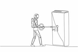 continu un ligne dessin astronaute en mettant clé dans livre. ouvrir cahier de texte et connaissance pour espace expédition. clé à Nouveau information. cosmonaute extérieur espace. Célibataire ligne conception vecteur illustration