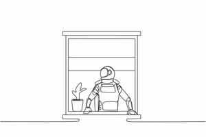 continu un ligne dessin astronaute à la recherche à l'extérieur fenêtre dans lune surface. astronaute avec une plante en train de regarder en dehors le la fenêtre. cosmonaute extérieur espace. Célibataire ligne dessiner graphique conception vecteur illustration