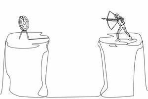 continu un ligne dessin astronaute permanent sur falaise avec archer dans main. espace exploration cible but. astronaute forcé à réussi. cosmonaute extérieur espace. Célibataire ligne conception vecteur illustration