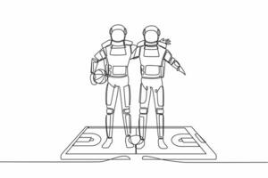 Célibataire un ligne dessin de deux basketball joueurs astronaute embrasse chaque autre sur surface de téléphone intelligent. mobile basket-ball. cosmique galaxie espace. continu ligne dessiner graphique conception vecteur illustration