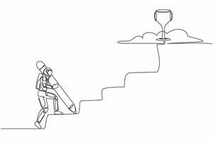 Célibataire continu ligne dessin de astronaute en utilisant énorme crayon à dessiner escaliers et marcher escalade en haut à atteindre trophée. idée dans vaisseau spatial industrie. cosmonaute Profond espace. un ligne conception vecteur illustration