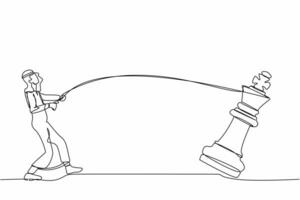 continu un ligne dessin arabe homme d'affaire tirant gros Roi échecs avec corde. affaires réalisation, stratégie. compétitif ouvrier dans marché concours. Célibataire ligne conception vecteur graphique illustration