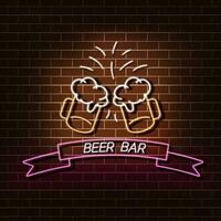 Bière bar néon lumière bannière sur une brique mur. Orange et rose signe. décoratif réaliste rétro élément pour la toile conception vecteur