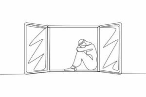 Célibataire continu ligne dessin désespéré arabe homme séance sur rebord de fenêtre. dépression, stress, mélancolie, désespoir, frustration, la vie problème. dynamique un ligne dessiner graphique conception vecteur illustration