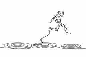 Célibataire continu ligne dessin astronaute sauter sur plus gros cible dans lune surface. avancement et réussite dans vaisseau spatial industrie. cosmonaute Profond espace. un ligne graphique conception vecteur illustration