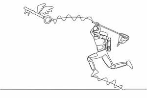 Célibataire continu ligne dessin de Jeune astronaute essayer à contagieux en volant clé avec papillon filet. trouver clé à résoudre vaisseau spatial problèmes. cosmonaute Profond espace. un ligne conception vecteur graphique illustration