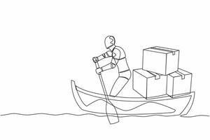 continu un ligne dessin de robot voile une façon sur bateau avec pile de papier carton. océan livraison transport. humanoïde robot cybernétique organisme. Célibataire ligne dessiner conception vecteur graphique illustration