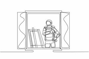 continu un ligne dessin astronaute peintre dessin près fenêtre, en portant peindre brosse et palette, esquisse sur Toile dans lune surface. cosmonaute extérieur espace. Célibataire ligne conception vecteur illustration