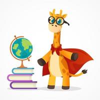 mascotte de girafe étudiante tachetée de dessin animé dans des verres avec des livres et un globe vecteur