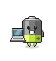 mascotte illustration de batterie avec un ordinateur portable vecteur