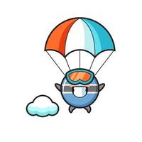 La bande dessinée de mascotte d'insigne de drapeau du botswana saute en parachute avec un geste heureux vecteur